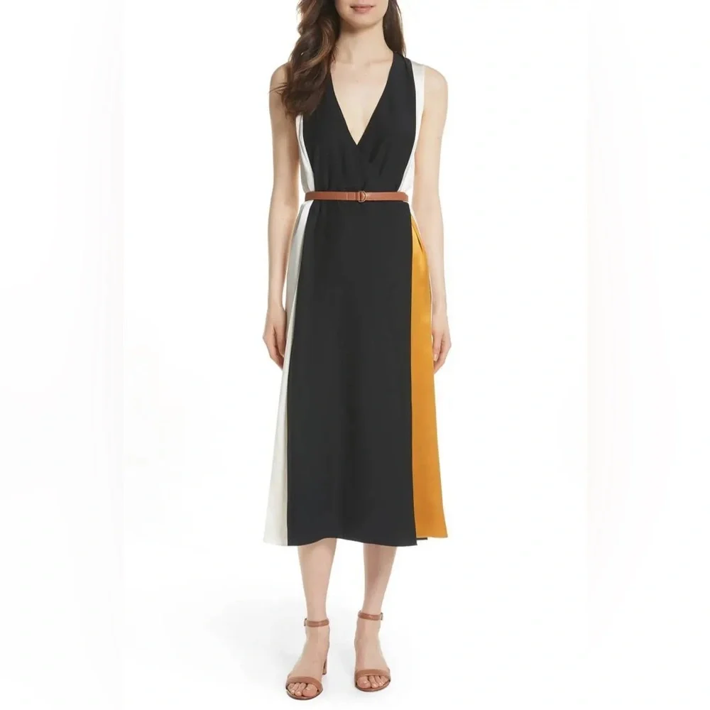 NWT $798 Tory Burch Black Clarice Colorblock Wrap Silk Dress